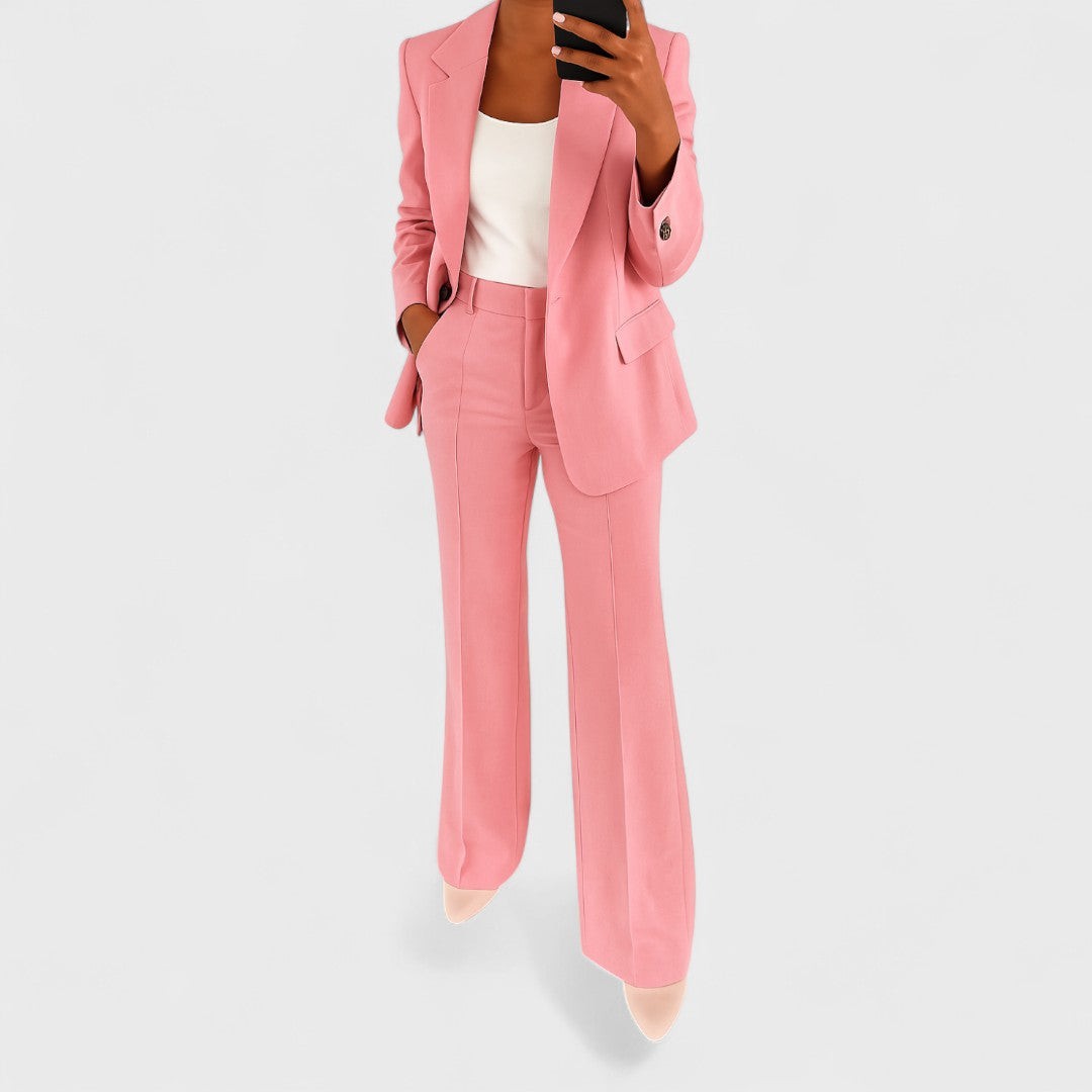 Sarah | Dames Blazer Revers Pantalon Large Taille Haute Ensemble Tailleur - Rose
