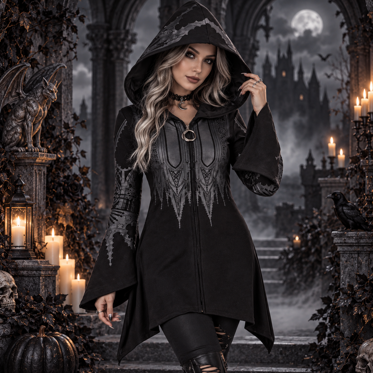 Sarah | Dames Déguisement Halloween Femme Capuche Asymétrique Manches Cloche Sweat Robe - Noir