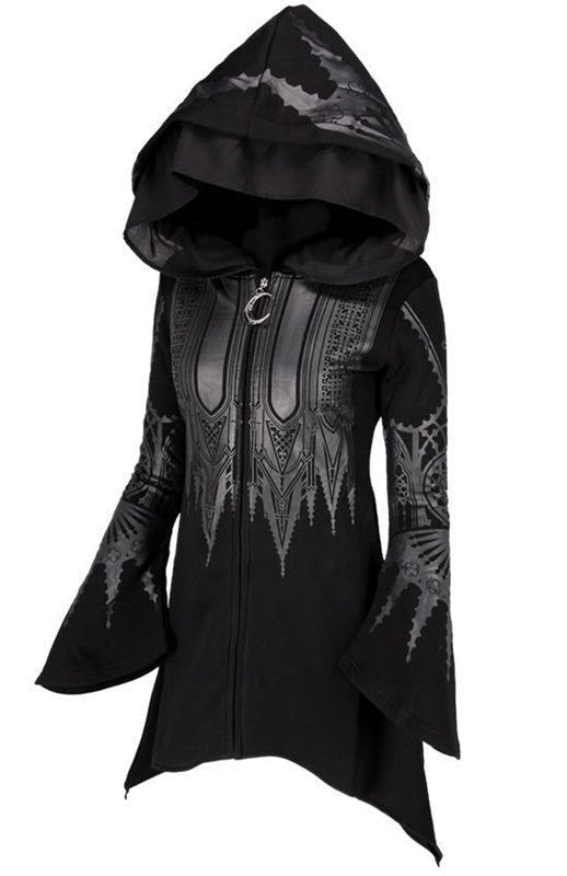 Sarah | Dames Déguisement Halloween Femme Capuche Asymétrique Manches Cloche Sweat Robe - Noir