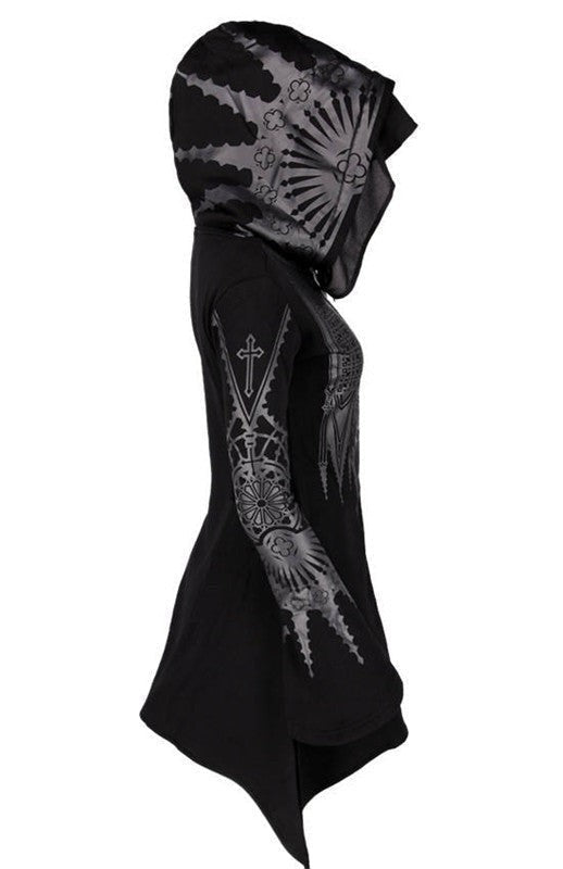 Sarah | Dames Déguisement Halloween Femme Capuche Asymétrique Manches Cloche Sweat Robe - Noir