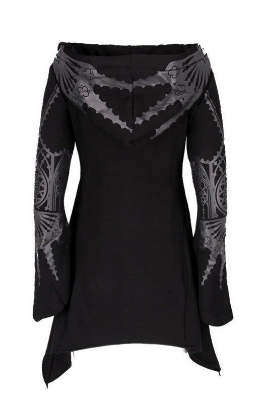 Sarah | Dames Déguisement Halloween Femme Capuche Asymétrique Manches Cloche Sweat Robe - Noir