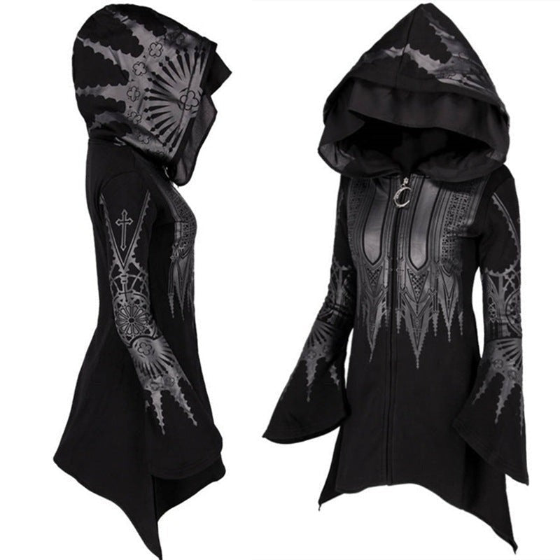 Sarah | Dames Déguisement Halloween Femme Capuche Asymétrique Manches Cloche Sweat Robe - Noir