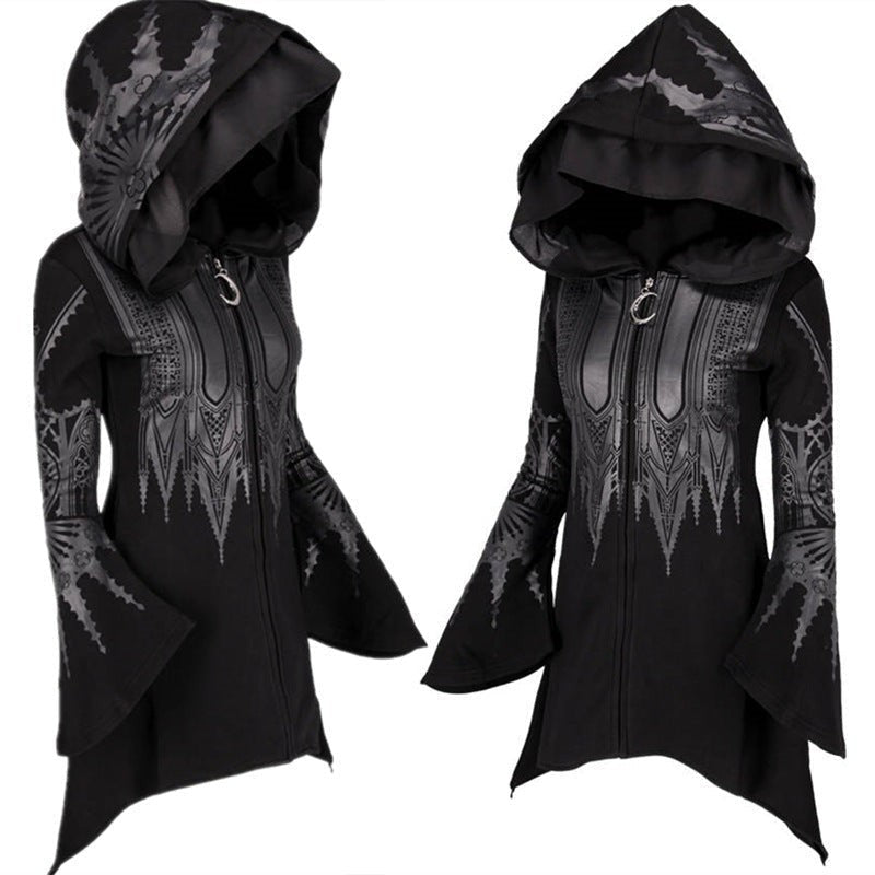 Sarah | Dames Déguisement Halloween Femme Capuche Asymétrique Manches Cloche Sweat Robe - Noir