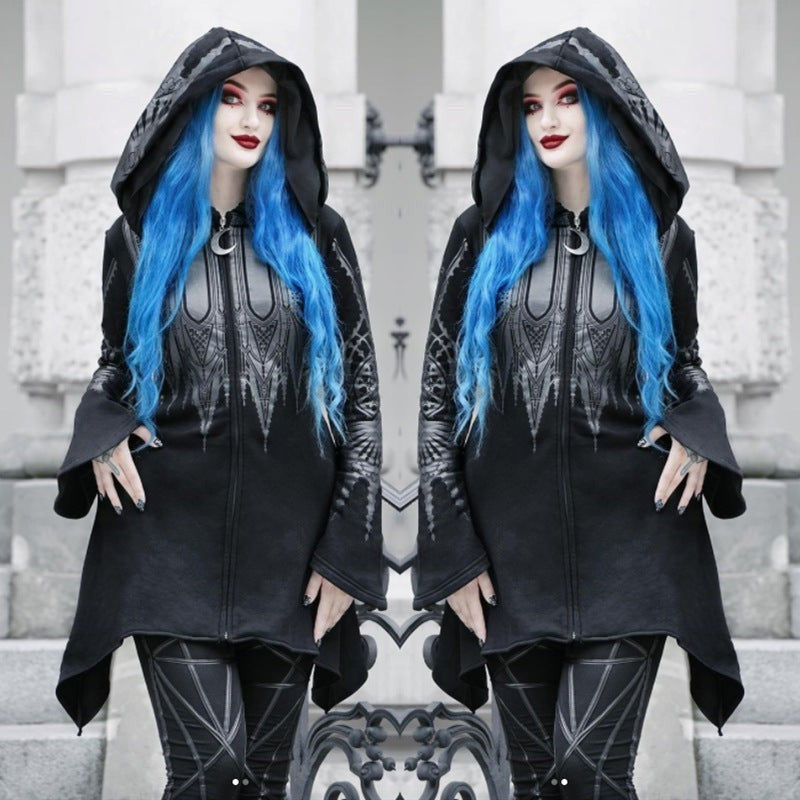 Sarah | Dames Déguisement Halloween Femme Capuche Asymétrique Manches Cloche Sweat Robe - Noir