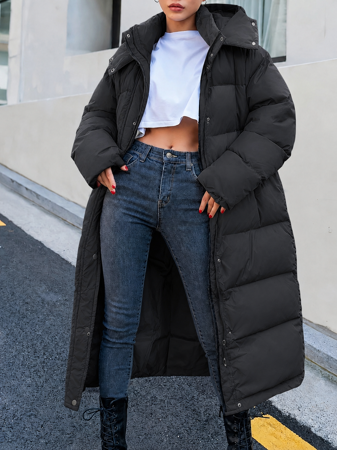 Sarah | Dames Doudoune Longue Capuche Piquage Continu Noir - Noir
