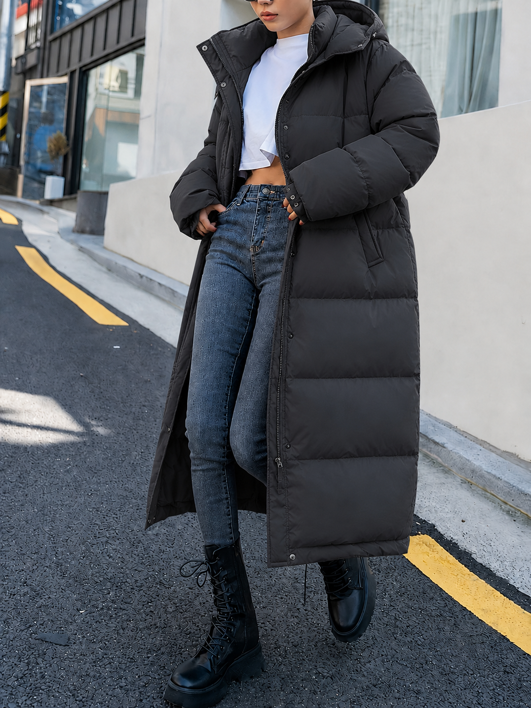 Sarah | Dames Doudoune Longue Capuche Piquage Continu Noir - Noir