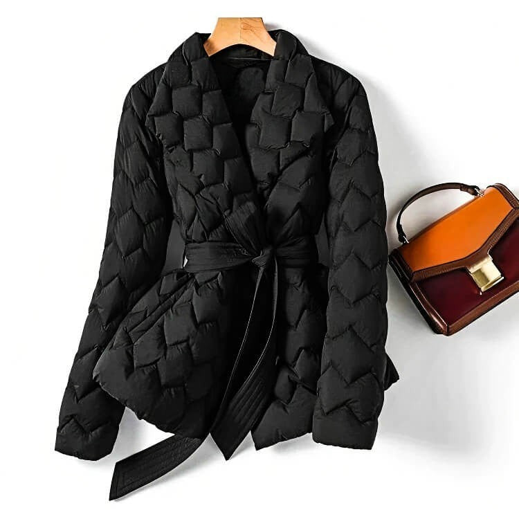 Sarah | Doudoune pour Femme Ceinturée Piqûres Horizontales Coupe Ajustée - Noir