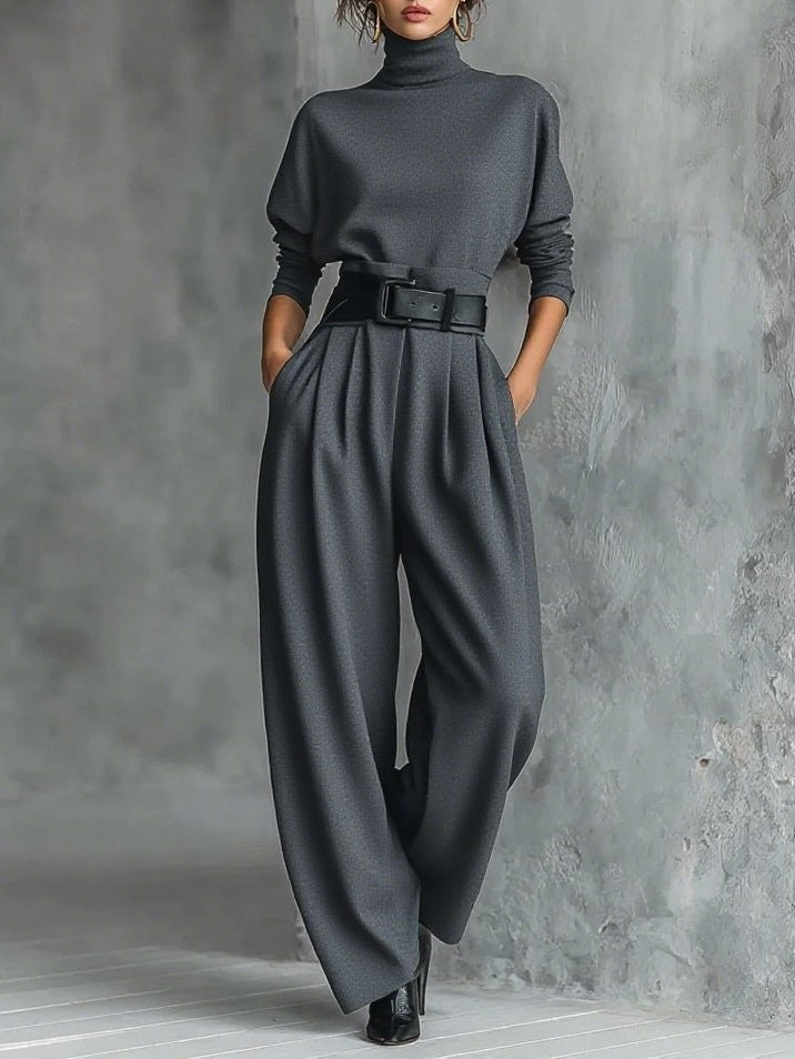 Sarah | Ensemble pour Femme Col Roulé Manches Longues Taille Haute Pantalon Droit - Gris