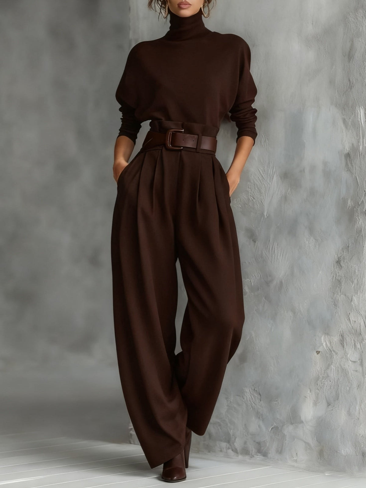 Sarah | Ensemble pour Femme Col Roulé Manches Longues Taille Haute Pantalon Droit - Marron
