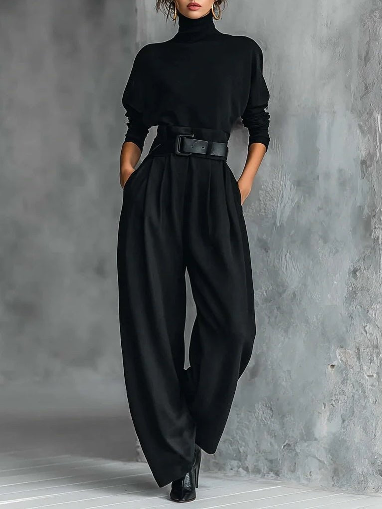 Sarah | Ensemble pour Femme Col Roulé Manches Longues Taille Haute Pantalon Droit - Noir