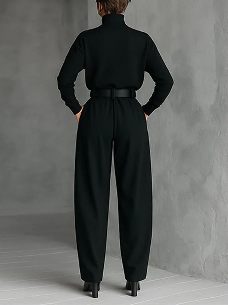 Sarah | Ensemble pour Femme Col Roulé Manches Longues Taille Haute Pantalon Droit - Noir