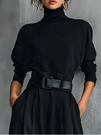 Sarah | Ensemble pour Femme Col Roulé Manches Longues Taille Haute Pantalon Droit - Noir