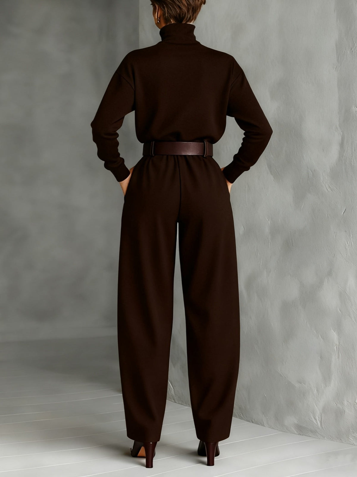 Sarah | Ensemble pour Femme Col Roulé Manches Longues Taille Haute Pantalon Droit - Noir