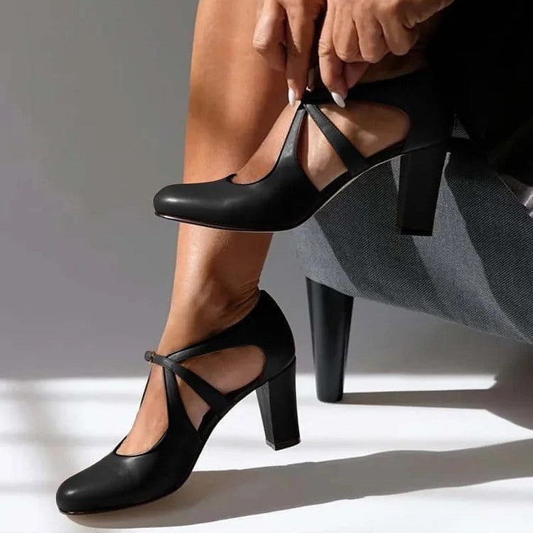 Sarah | Escarpins Femme Talon Stable Bride Cheville Croisée Bout Arrondi - Noir
