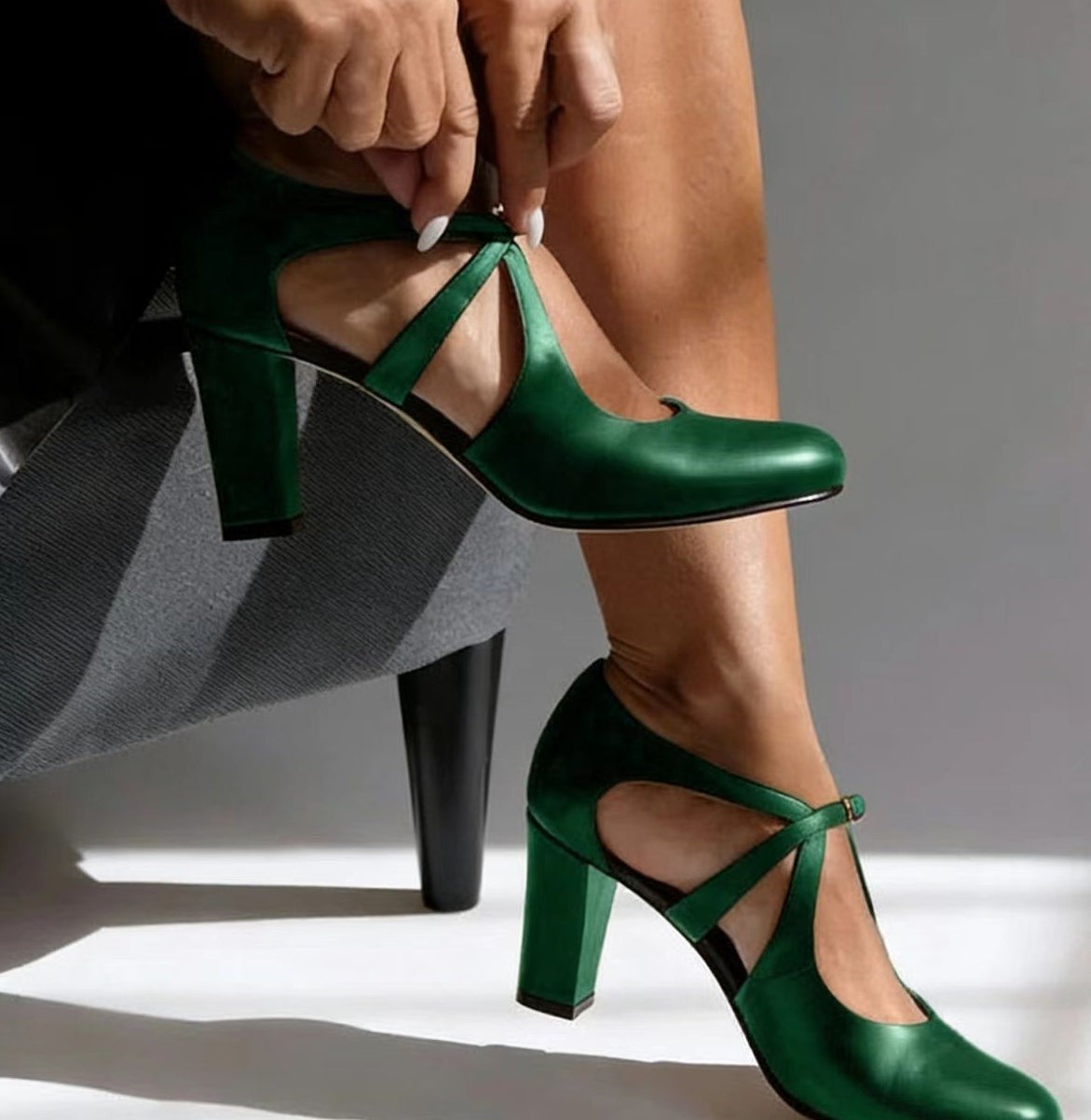 Sarah | Escarpins Femme Talon Stable Bride Cheville Croisée Bout Arrondi - Vert