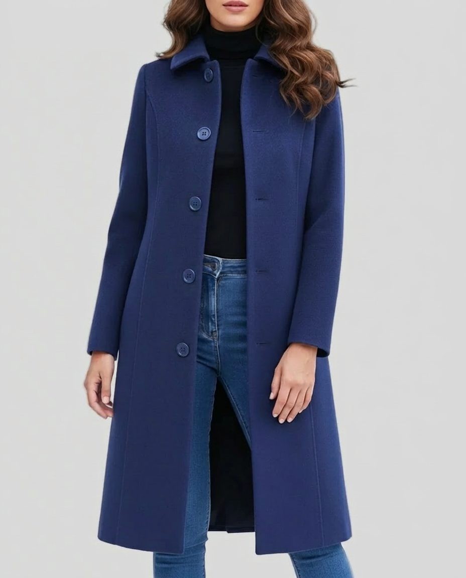 Sarah | Manteau Long Femme Coupe Ample Boutonnage Simple Col Structuré - Bleu Foncé
