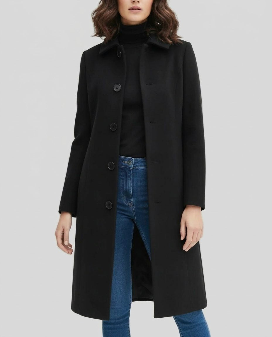 Sarah | Manteau Long Femme Coupe Ample Boutonnage Simple Col Structuré - Noir