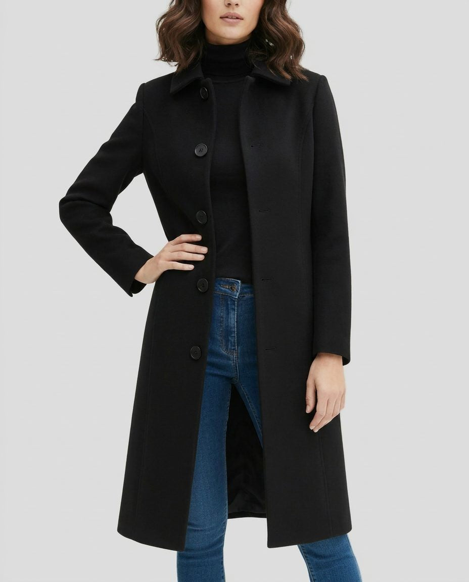 Sarah | Manteau Long Femme Coupe Ample Boutonnage Simple Col Structuré - Noir