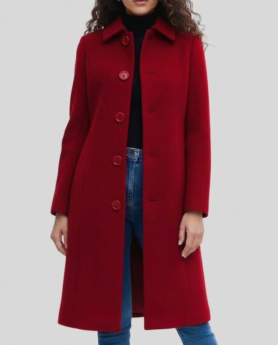 Sarah | Manteau Long Femme Coupe Ample Boutonnage Simple Col Structuré - Rouge