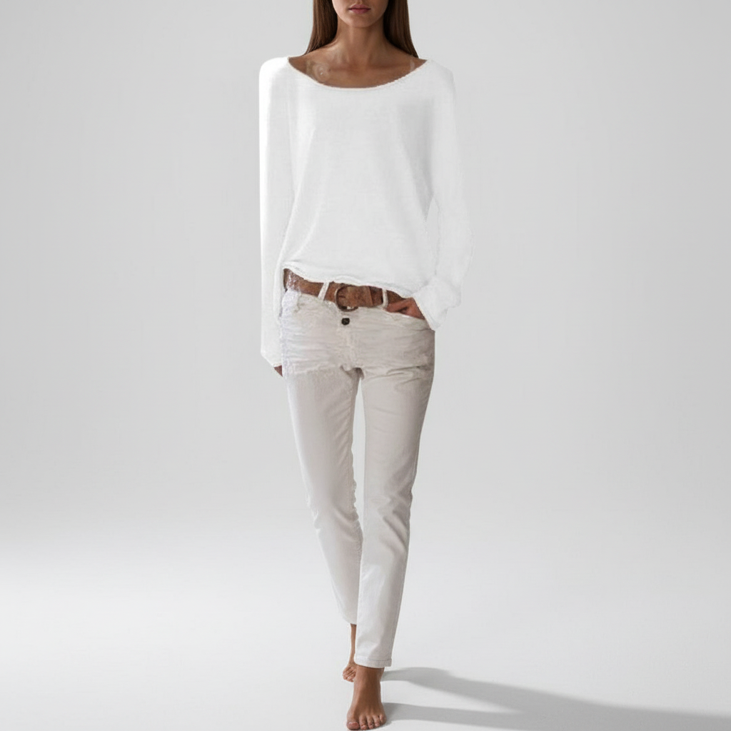 Sarah | Pull pour Femme Coupe Ample Col Rond Manches Longues - Blanc