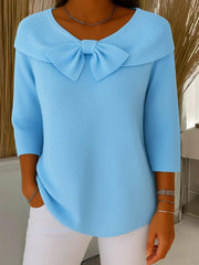 Sarah | Pull pour Femme Nœud Décoratif Côtelé Manches Trois-Quarts Épaules Dénudées - Bleu