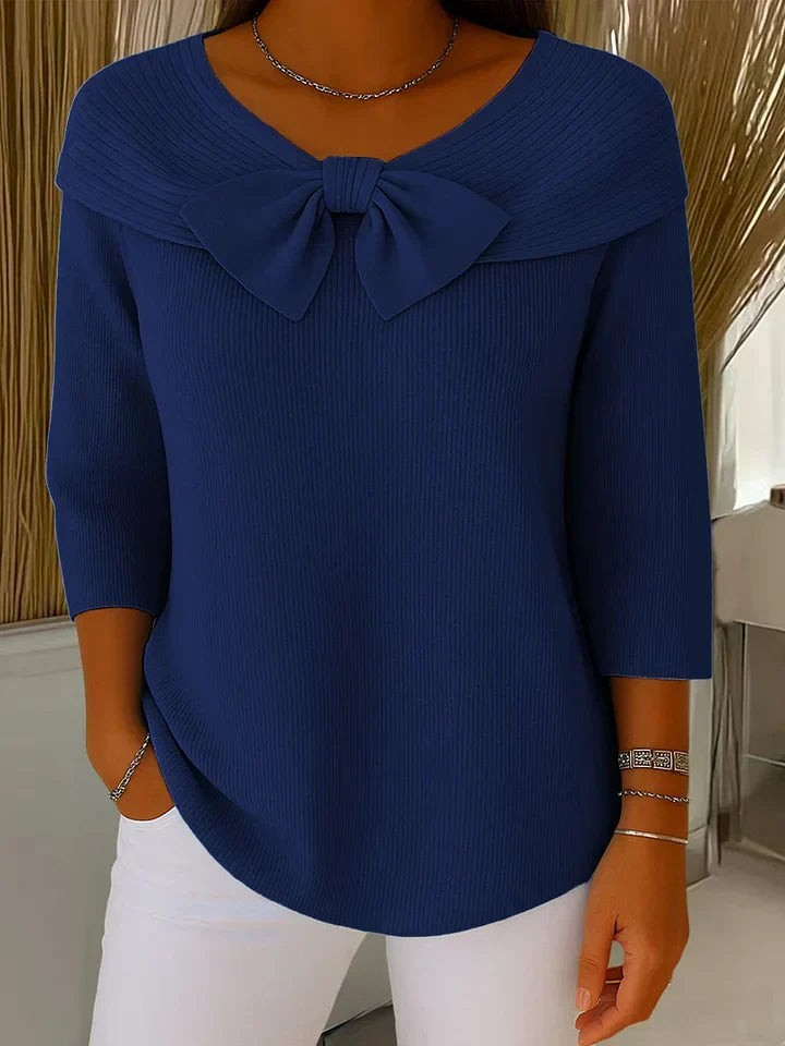 Sarah | Pull pour Femme Nœud Décoratif Côtelé Manches Trois-Quarts Épaules Dénudées - Bleu Foncé