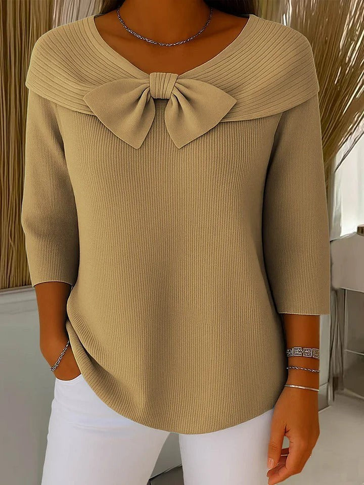Sarah | Pull pour Femme Nœud Décoratif Côtelé Manches Trois-Quarts Épaules Dénudées - Kaki