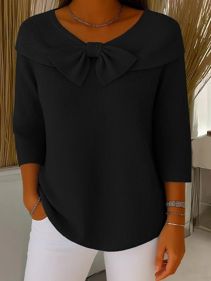 Sarah | Pull pour Femme Nœud Décoratif Côtelé Manches Trois-Quarts Épaules Dénudées - Noir