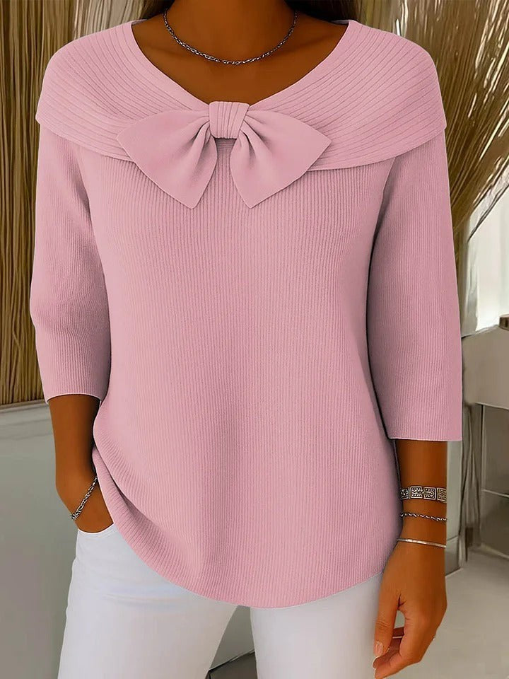 Sarah | Pull pour Femme Nœud Décoratif Côtelé Manches Trois-Quarts Épaules Dénudées - Rose