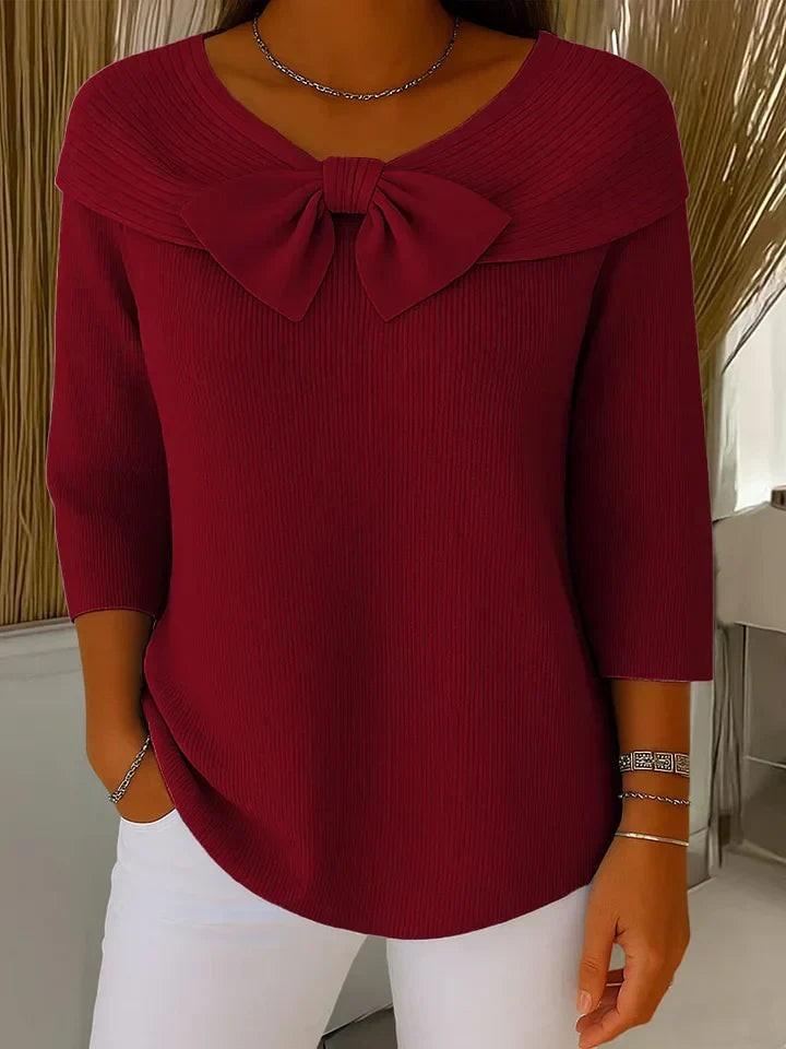 Sarah | Pull pour Femme Nœud Décoratif Côtelé Manches Trois-Quarts Épaules Dénudées - Rouge