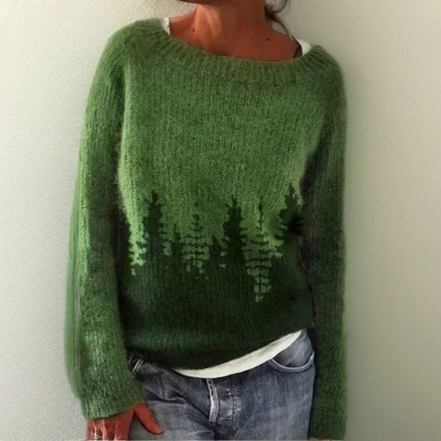 Elise | Pull Oversize pour Femme Col Rond Motif Forêt Manches Longues