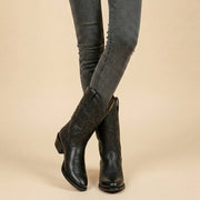 Zoe | Bottes Femme Western Brodées Talon Bloc Tige Midi - Noir