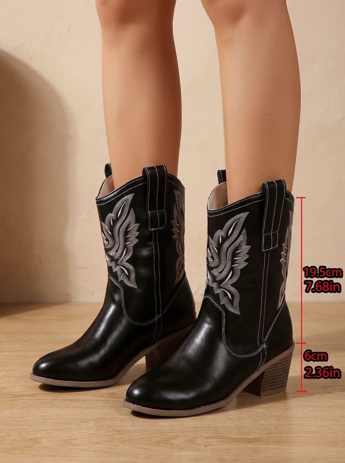Zoe | Bottines Femme Talon Bloc Broderie Western Noir - Marron