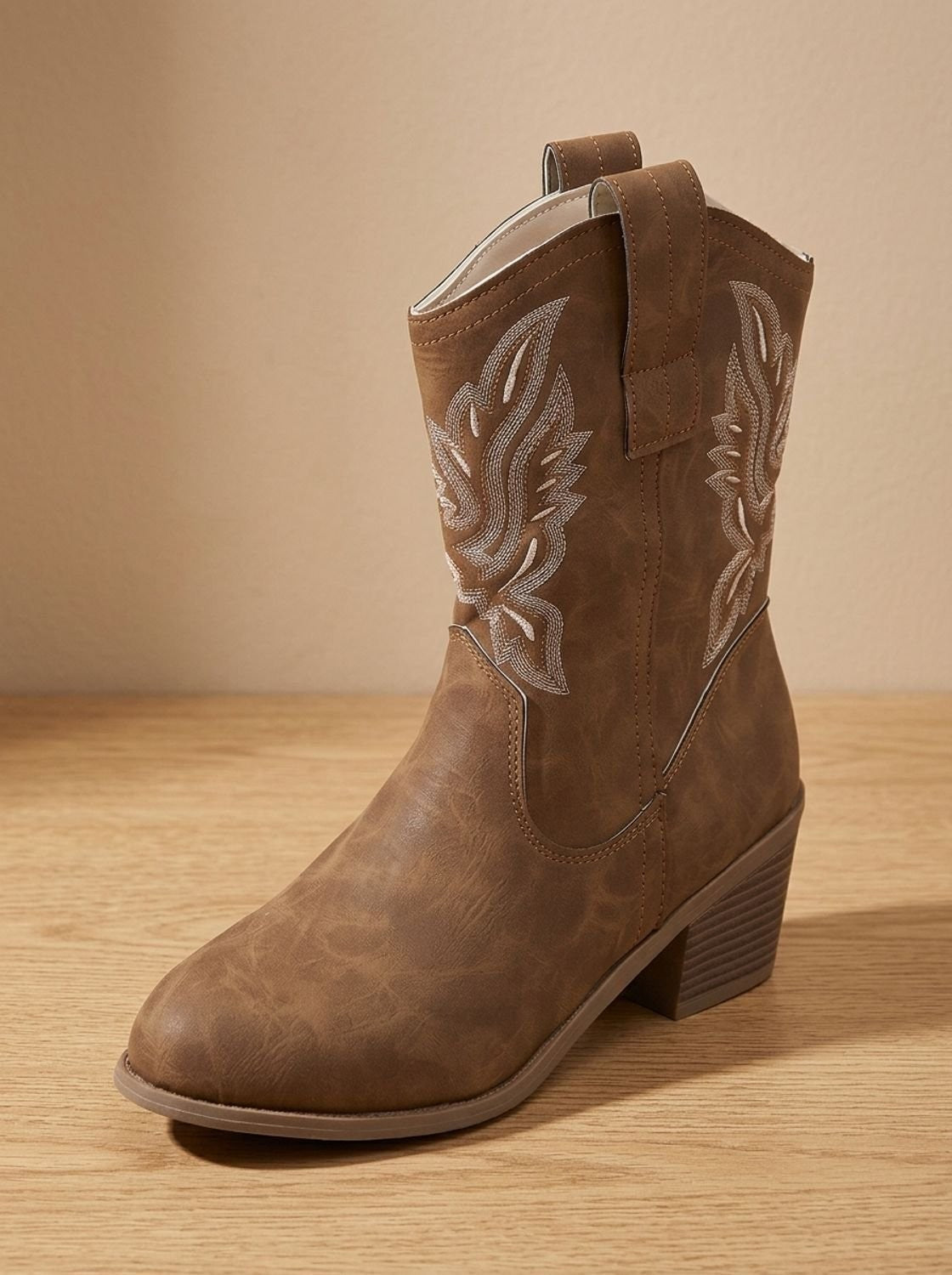 Zoe | Bottines Femme Talon Bloc Broderie Western Noir - Marron