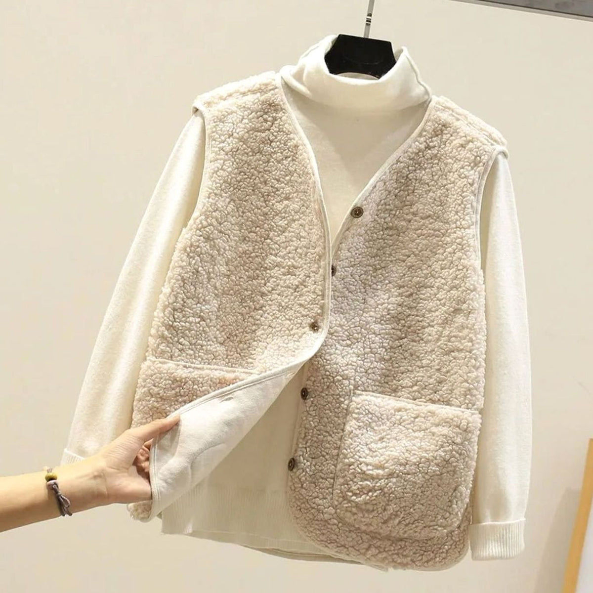 Zoe | Dames Gilet Teddy Encolure V Boutonnage Doublure Lisse - Beige