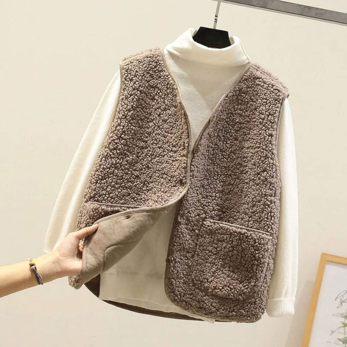 Zoe | Dames Gilet Teddy Encolure V Boutonnage Doublure Lisse - Kaki