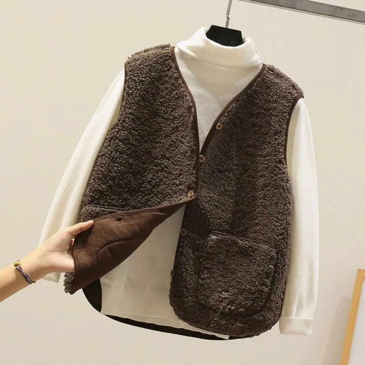 Zoe | Dames Gilet Teddy Encolure V Boutonnage Doublure Lisse - Marron