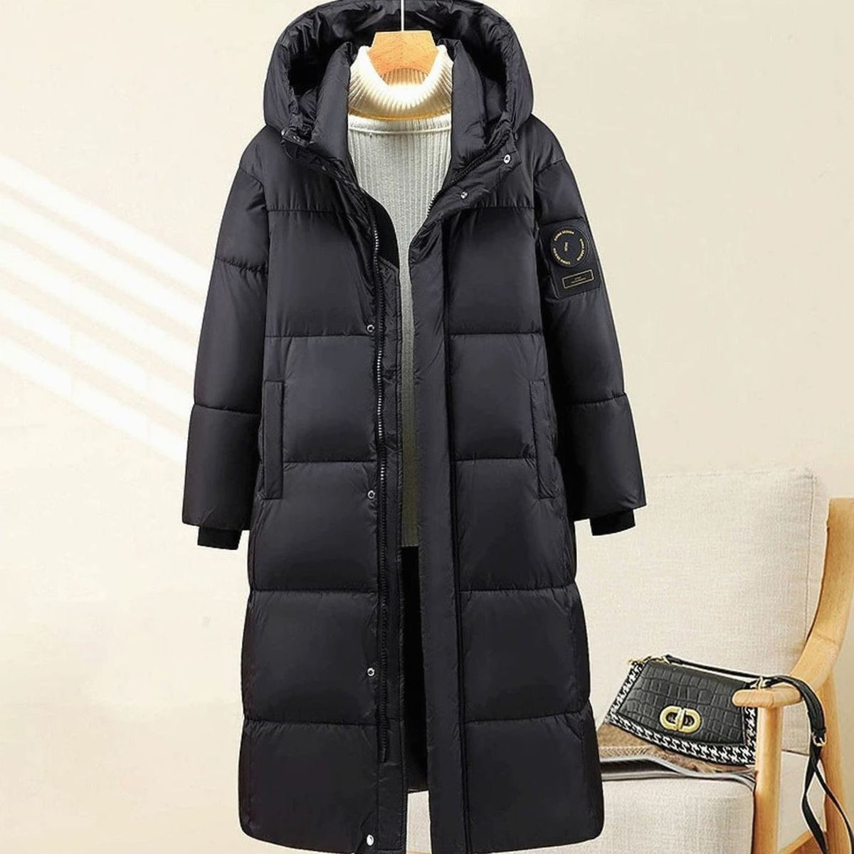 Zoe | Parka pour Femme Très Long Matelassé Capuche Rippbündchen - Noir