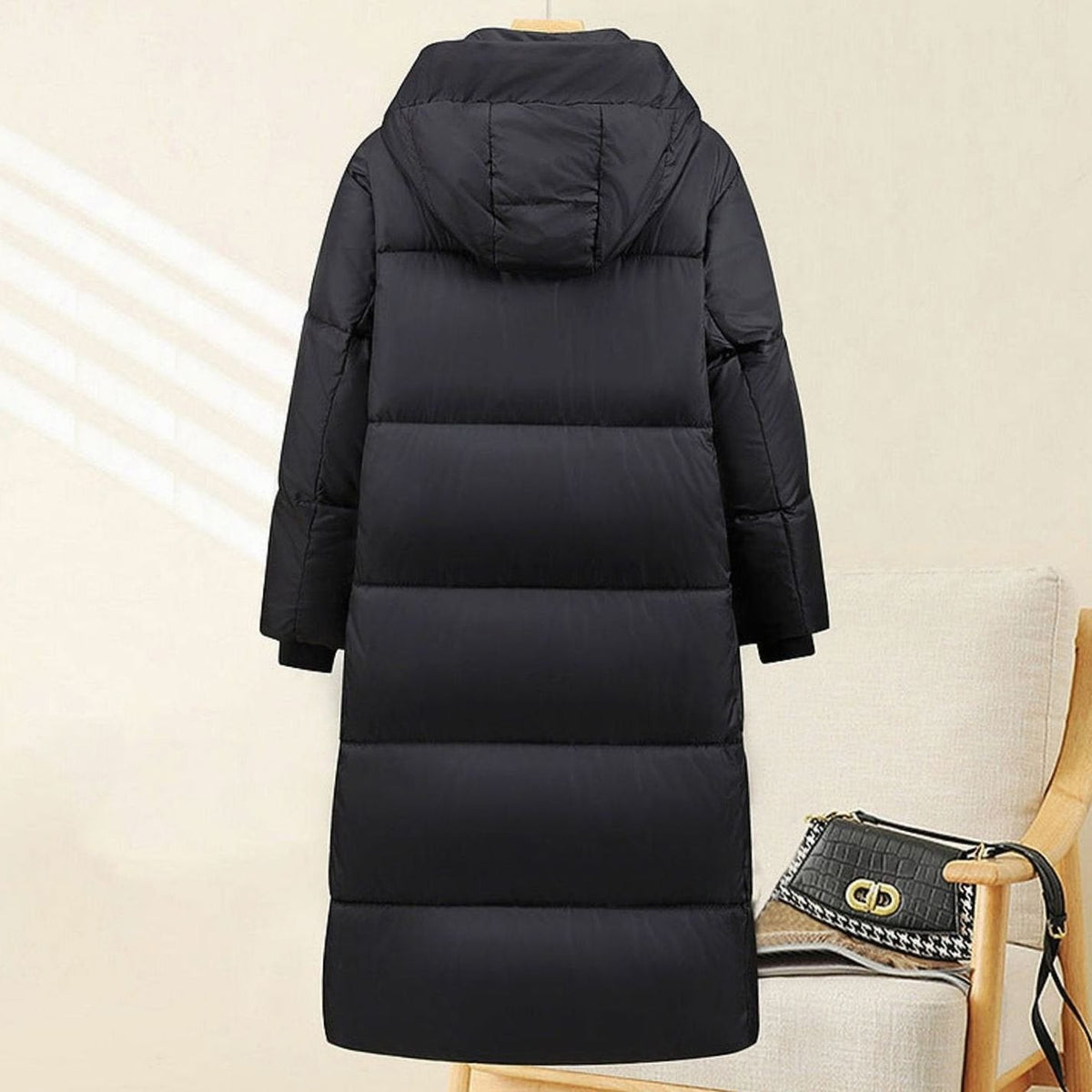 Zoe | Parka pour Femme Très Long Matelassé Capuche Rippbündchen - Noir