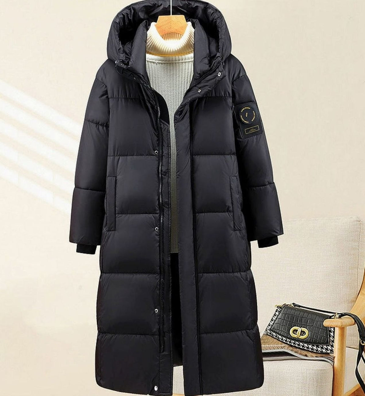 Zoe | Parka pour Femme Très Long Matelassé Capuche Rippbündchen - Noir
