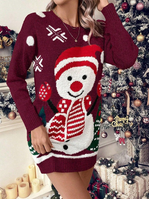 Zoe | Pull de noël pour Femme Motif Bonhomme de Neige Coupe Décontractée Manches Longues - Bordeaux