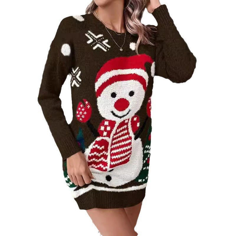 Zoe | Pull de noël pour Femme Motif Bonhomme de Neige Coupe Décontractée Manches Longues - Marron