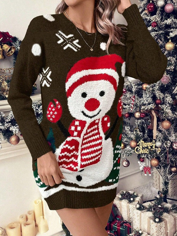 Zoe | Pull de noël pour Femme Motif Bonhomme de Neige Coupe Décontractée Manches Longues - Marron