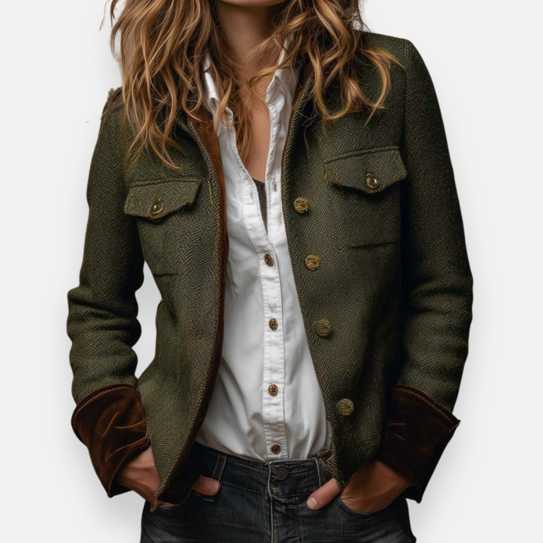 Zoe | Veste pour Femme Motif Chevrons Poignets Velours Coupe Structurée - Vert Foncé